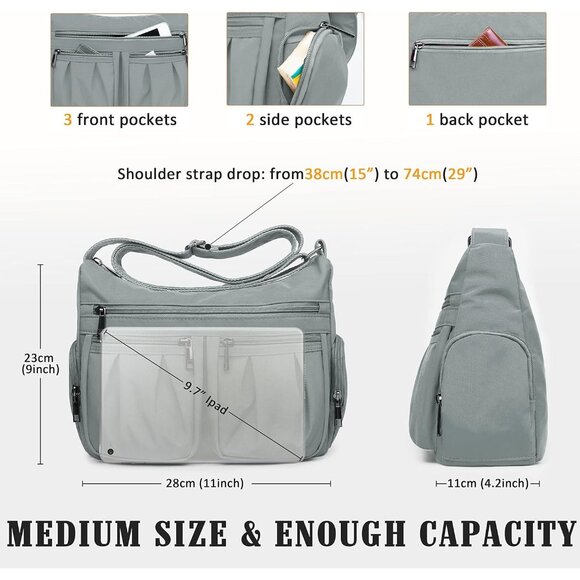 Women Light Grey-m Nylon Water Resistant Anti Theft Crossbody Shoulder Bag - Picture 3 of 6